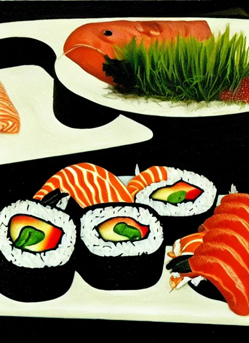 Image similar to dadaist, surrealist painting of disproportionate sushi