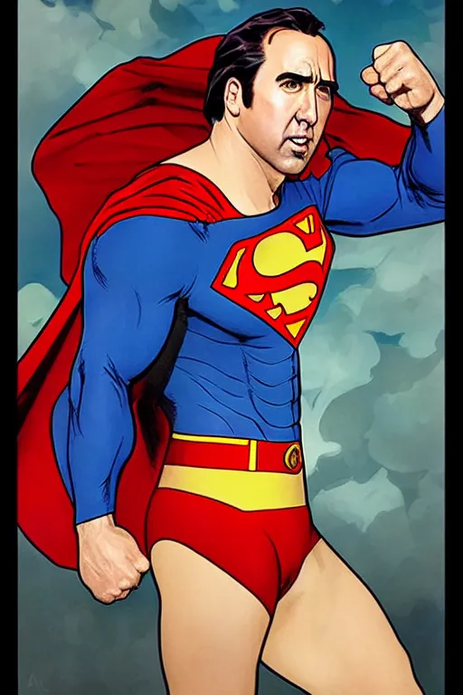 Image similar to nicholas cage as superman, in the style of art by artgerm and greg rutkowski and alphonse mucha