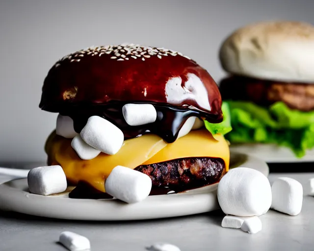 Image similar to dslr food photograph of burger with marshmallows in it, chocolate sauce, 8 5 mm f 1. 4