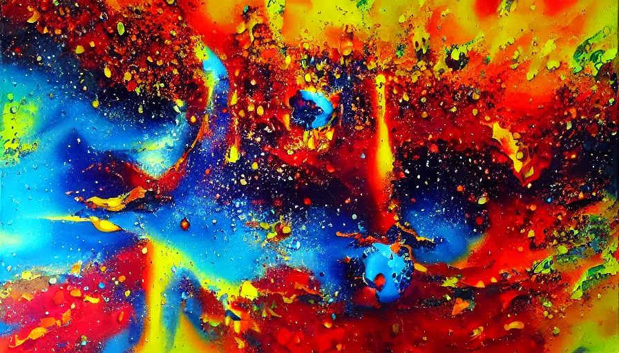 Image similar to nuclear explosion, painting on canvas, watedrops, water droplets, acrylic painting, acrylic pouring, painting, influencer, artstation - h 8 0 0