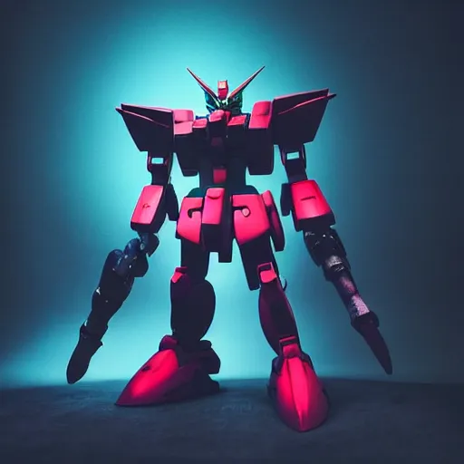Image similar to “A wide shot of a gigantic Gundam in an urban city, dreamcore aesthetic, taken with a Pentax K1000, Softbox Lighting, 85mm Lens”