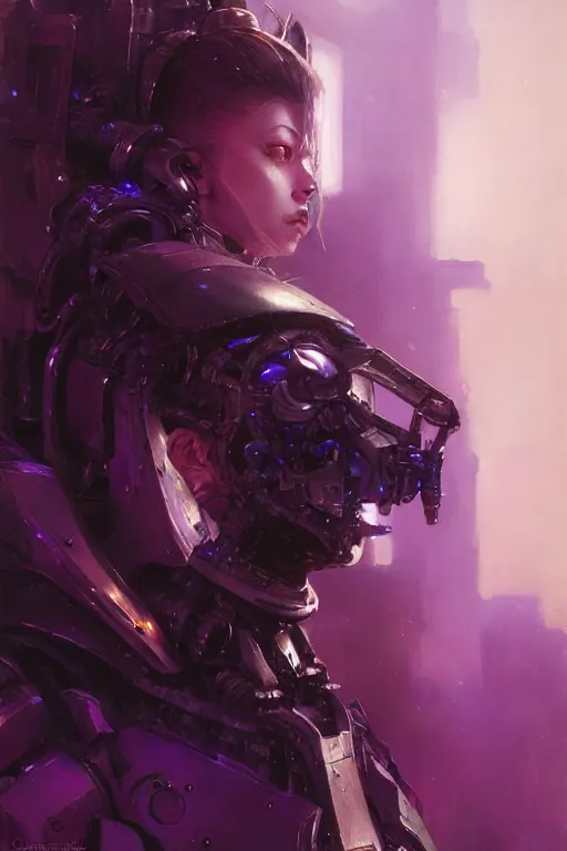 Image similar to extreme close up, facial portrait, woman with a long black ponytail in purple sci - fi armor, kitsune inspired armor, mechanical armor, cybernetic hands, stoic, grim dark, moody, portrait dnd, painting by gaston bussiere, craig mullins, greg rutkowski, yoji shinkawa