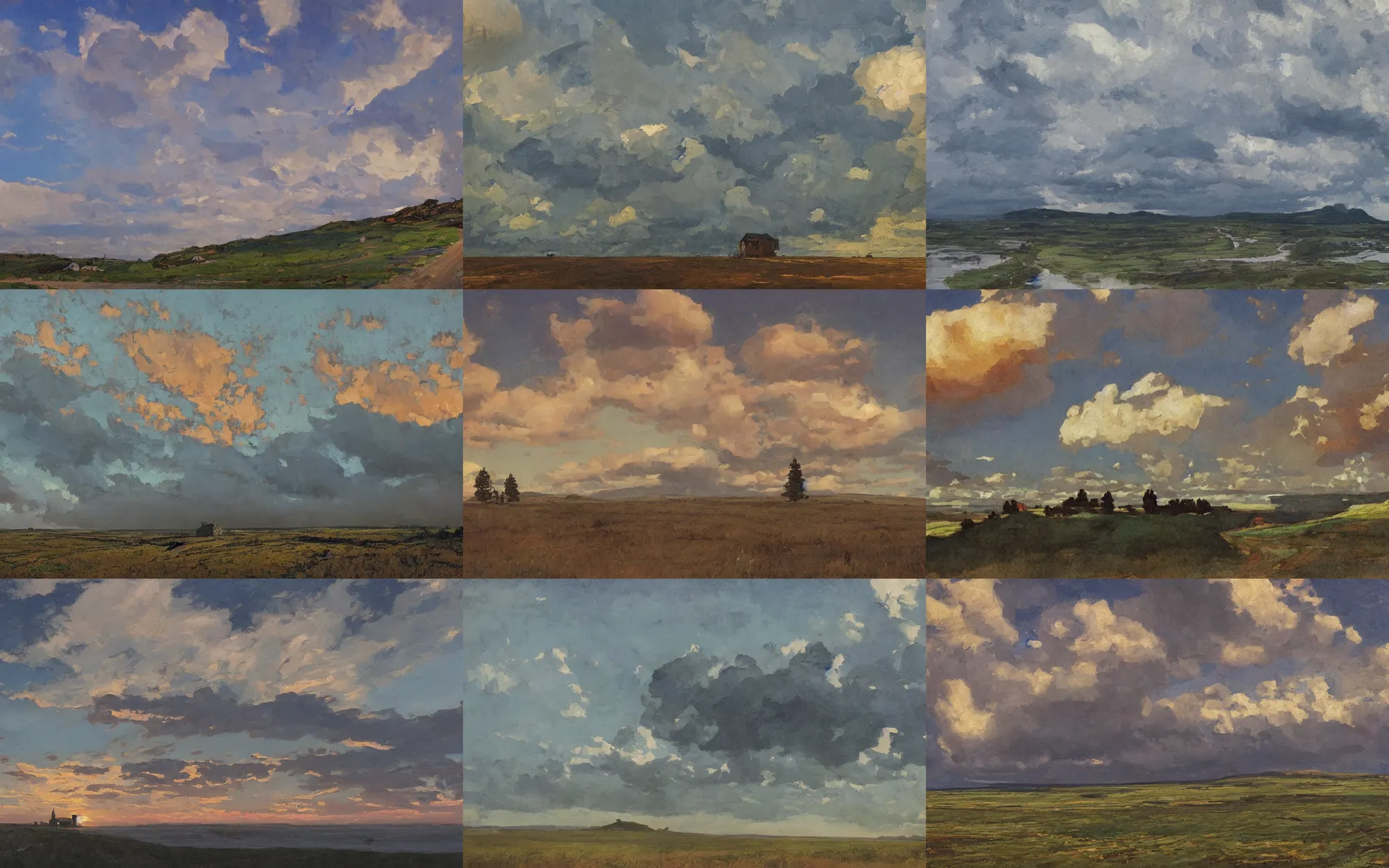 Prompt: painting in the style of Isaac Levitan, Savrasov, arkhip Kuindzhi, Ed Mell and Ian Fisher and sidney richard percy, wide river and tiny house on the top of the hill, dream heavenly cloudy sky, horzon, hurricane stromy clouds, sunset sunrise, volumetric lighting, very beautiful scenery, pastel colors, ultra view angle view