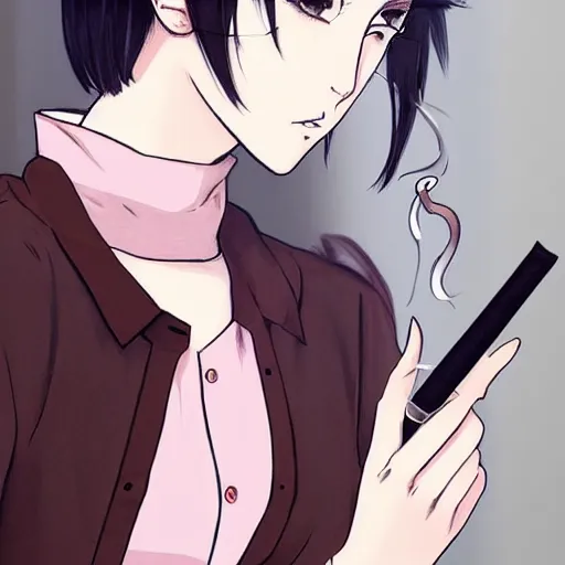 Image similar to portrait of a girl with short brown hair, wearing a white blouse and black choker, smoking a cigarette, drawn by WLOP, by Avetetsuya Studios, attractive character, colored sketch anime manga panel, unsaturated, dull colors, trending on Artstation