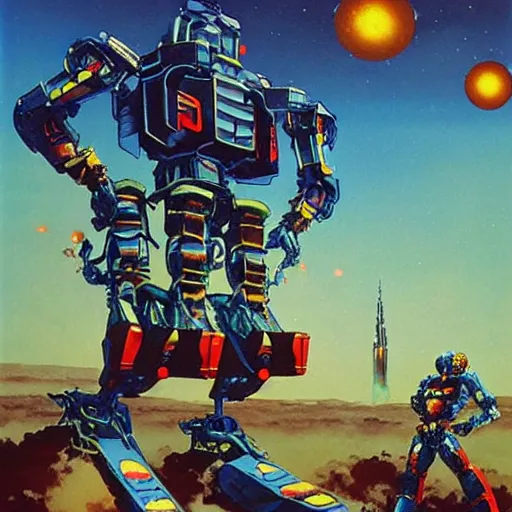 Prompt: humanoid combat mecha by chris foss, rodger dean, moebius, michael whelan