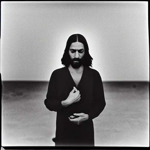 Image similar to photo of Jesus Christ by Diane Arbus, black and white, high contrast, Rolleiflex, 55mm f/4 lens