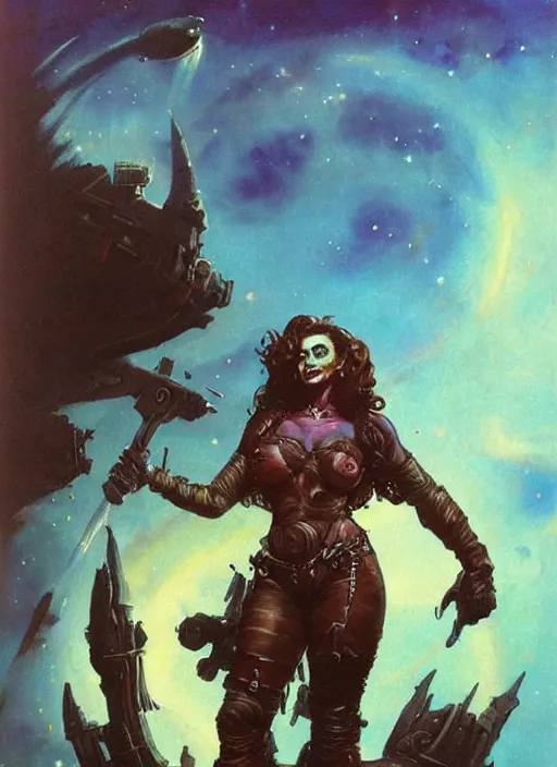 Prompt: portrait of female space pirate, night sky background, beautiful! coherent! by brom, by frank frazetta, deep color, strong line, high contrast