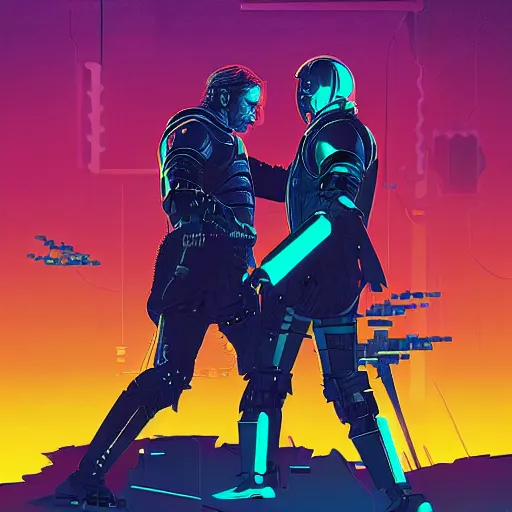 Prompt: jaime lannister and brienne of tarth fighting cyber zombies side by side, cyberpunk art by james gilleard, cgsociety, retrofuturism, synthwave, retrowave, outrun