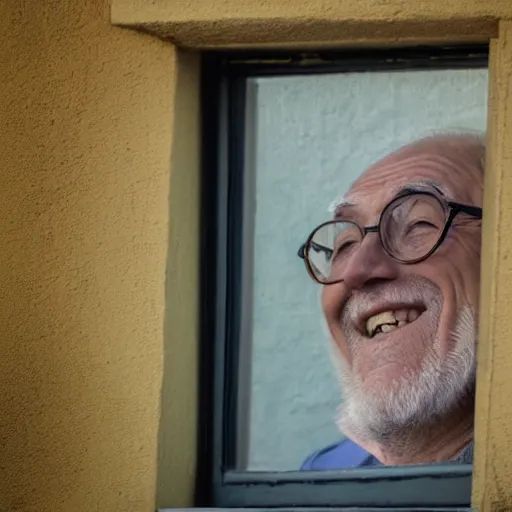 Image similar to an smiling old man peeking through a small window