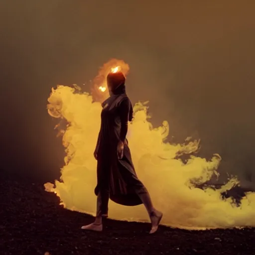 Image similar to The full body shot of beautiful pale woman with white flowers and full-face golden mask inside a thick black smoke in rocky desert landscape, glowing eyes everywhere, burning earth by Gaspar Noe and Christopher Doyle, anamorphic lens, anamorphic lens flares, kodakchrome, cinematic composition, practical effects, award winning photo, 8k