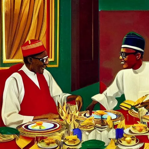 Image similar to president muhammadu buhari eating at a regal buffet facial details beautiful setting elegant event nigerian party minimalist gold ornaments iridescent lighting glamour in the style of edward hooper and henri matisse yinka shonibare oil painting