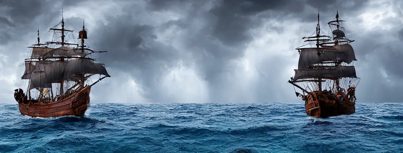 Image similar to pirate ship in the middle of the ocean, thunderstorms