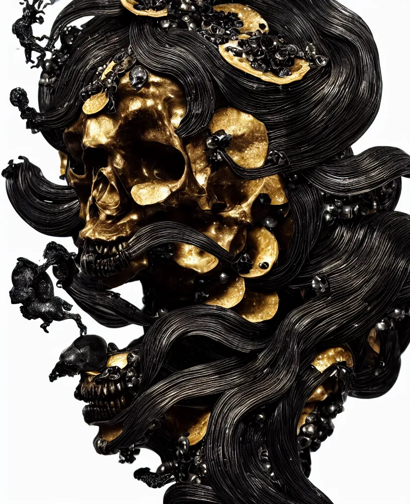 Prompt: fully black background. background hex 000000. goddess princess face close-up portrait ram skull. sculpture made of gold and black charcoal. jellyfish phoenix head, nautilus, orchid, skull, betta fish, bioluminiscent creatures, intricate artwork by Tooth Wu and wlop and beeple. octane render, trending on artstation, greg rutkowski very coherent symmetrical artwork. cinematic, hyper realism, high detail, octane render, 8k