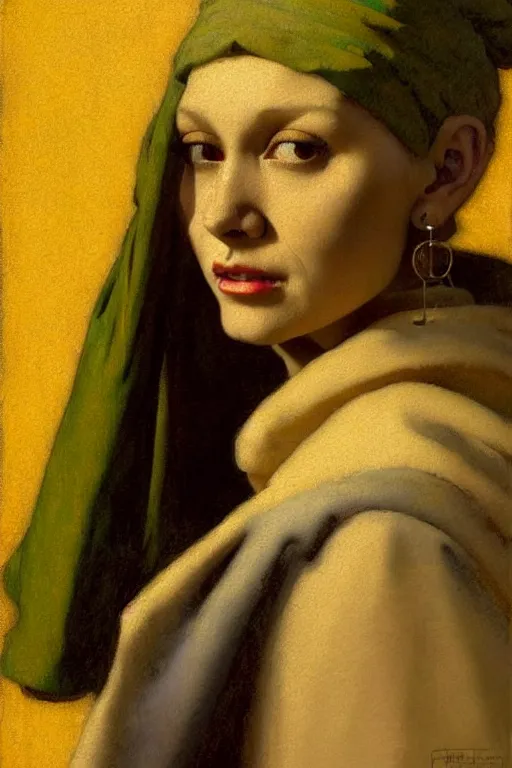 Image similar to full character portrait fallout character not the girl with the pearl earring character design, painting by gaston bussiere, katsuya terada, nc wyeth, greg rutkowski, craig mullins, vermeer, frank frazetta, mucha, tom of finland, trending on artstation, jeffery catherine jones