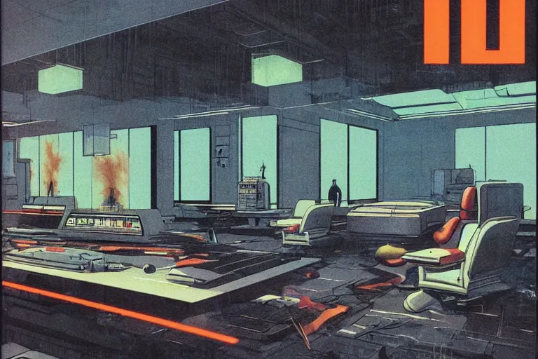 Prompt: 1979 OMNI Magazine Cover depicting a large architectural drafting room. Cyberpunk Akira style by Vincent Di Fate