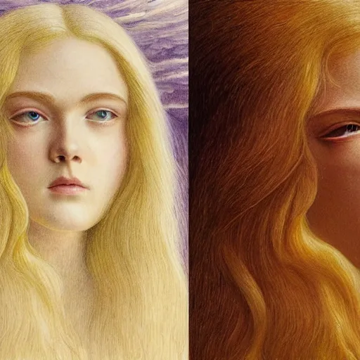 Image similar to professional painting of Elle Fanning in the style of Jean Delville, head and shoulders portrait, symmetrical facial features, smooth, sharp focus, illustration, intricate, stormy weather, extremely detailed masterpiece,