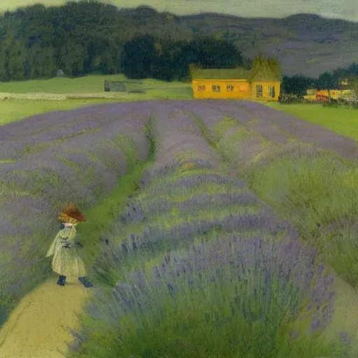 Image similar to painting of lavender field, highly detailed, beautiful lighting, tiny house in background by james abbott mcneill whistler