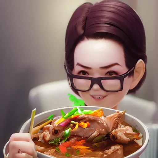 Image similar to movie still macro close photo of smiling anonymous holding pork stirfry to face, by weta, greg rutkowski, wlop, ilya kuvshinov, rossdraws, artgerm, octane render, iridescent, bright morning, anime, liosh, mucha