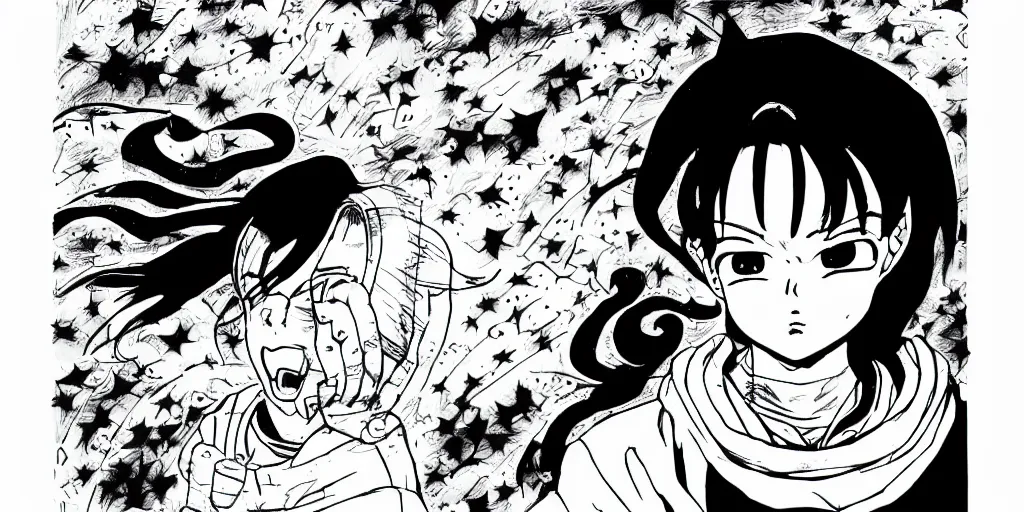 Image similar to manga portrait of a woman, akira toriyama, lineart, black and white, scifi, big clouds visible in the background, stars in the sky, high contrast, deep black tones