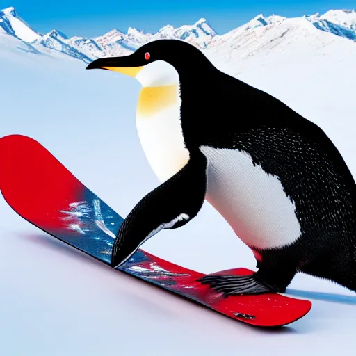 Image similar to ultrawide angle photograph of a snowboarding penguin, extremely detailed. the snowboard he is riding is red and has a tribal print, 8 k