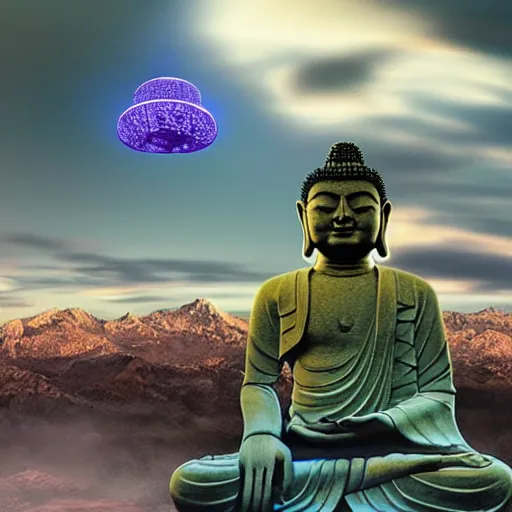 Image similar to hyperrealistic UFO abducting buddha