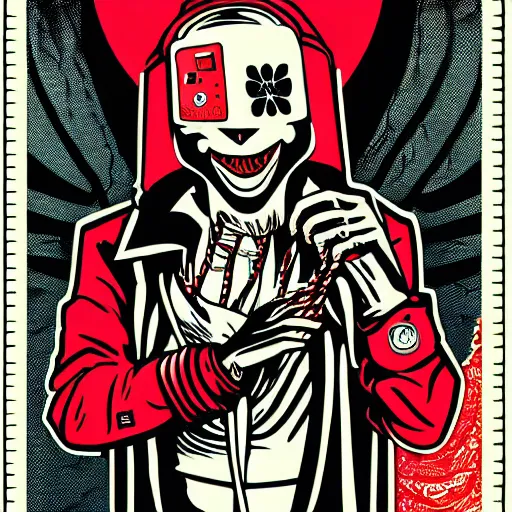 Image similar to Illustrated by Shepard Fairey and H.R. Geiger | Cyberpunk Clown Vampire with VR helmet, surrounded by cables