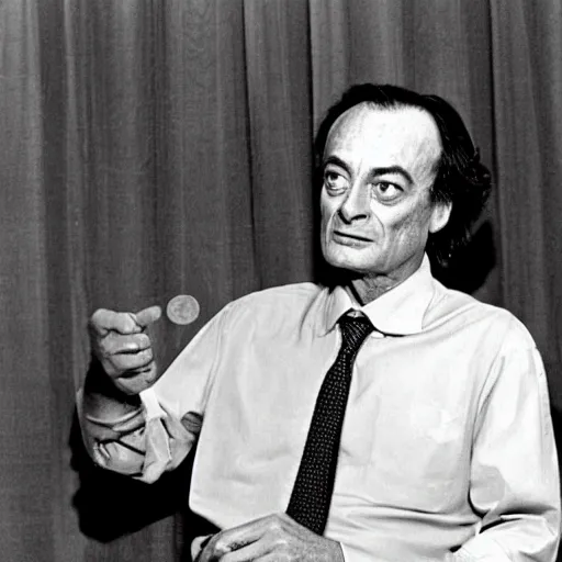 Image similar to Richard Feynman being disappointed by the fact that he bought some shitcoins on some shady cryptocurrency exchange