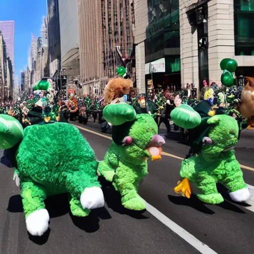 Prompt: a parade of stuffed animals marching down 5 th ave manhattan on st. patrick's day, 8 k, photo realistic, extremely life like