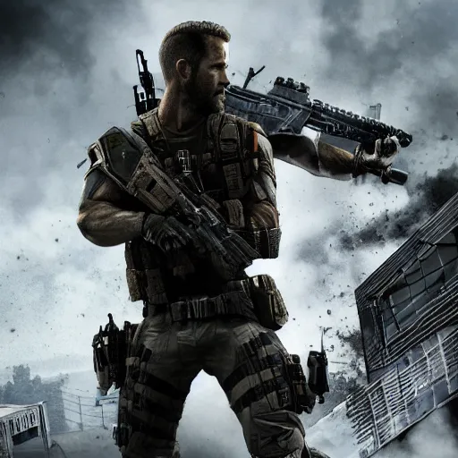 Image similar to Ryan Reynolds in Call of Duty black ops highly detailed, high quality, HD, 4k, 8k, Canon 300mm, professional photographer, 40mp, lifelike, top-rated, award winning, realistic, sharp, no blur, edited, corrected, trending