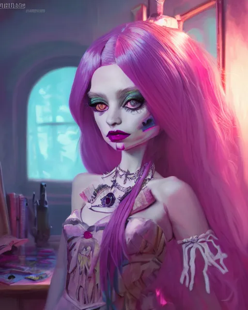 Image similar to portrait of monster high doll, stephen bliss, unreal engine, by greg rutkowski, loish, rhads, makoto shinkai and lois van baarle, ilya kuvshinov, rossdraws, global illumination, radiant light, detailed and intricate environment, pastel lighting