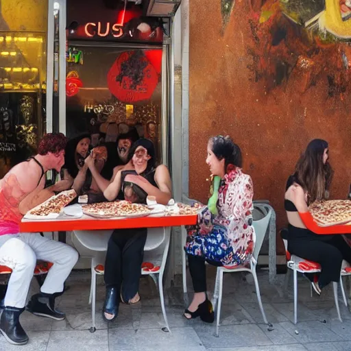 Image similar to a bunch of disco vampires eating pizza in tel aviv by monet