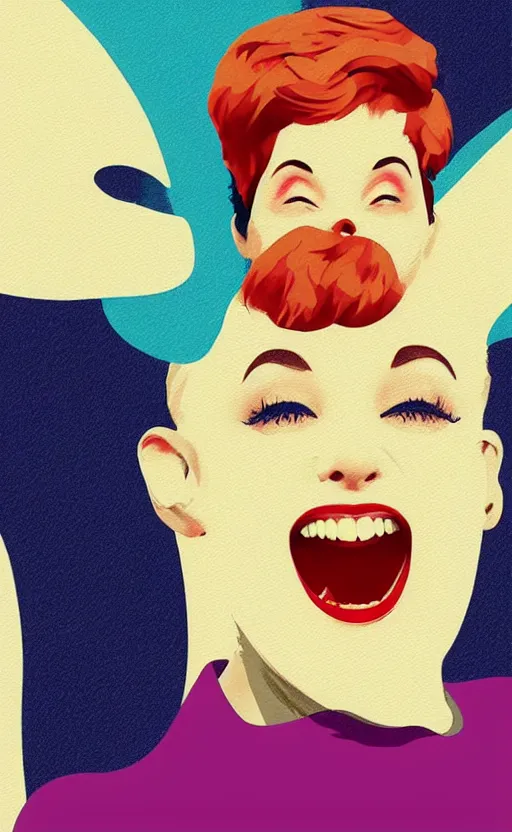 Prompt: illustration portrait of a woman with white pixie cut laughing out loud, art deco painting by tom whalen, funny meme photo, trending on behance, digital illustration, storybook illustration, grainy texture, flat shading, vector art, airbrush, pastel, watercolor, poster