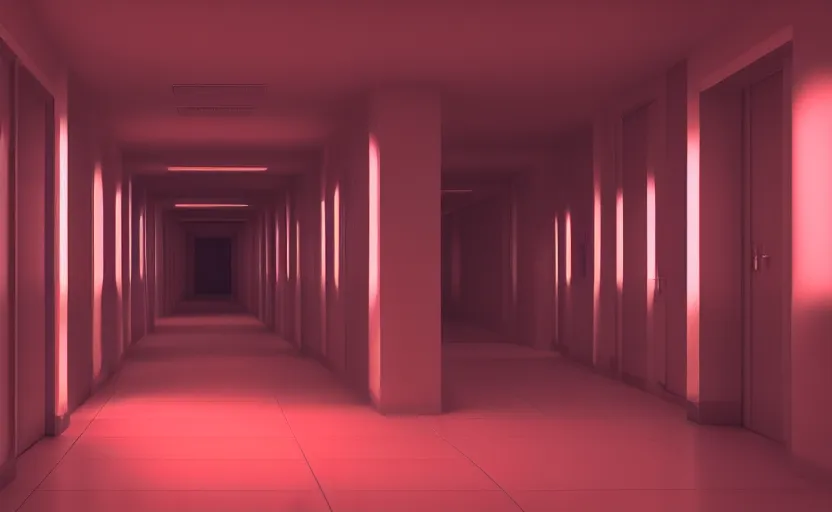 Image similar to an hallway in hospital with red lights in the roof, octane render, artstation trending, highly detailded