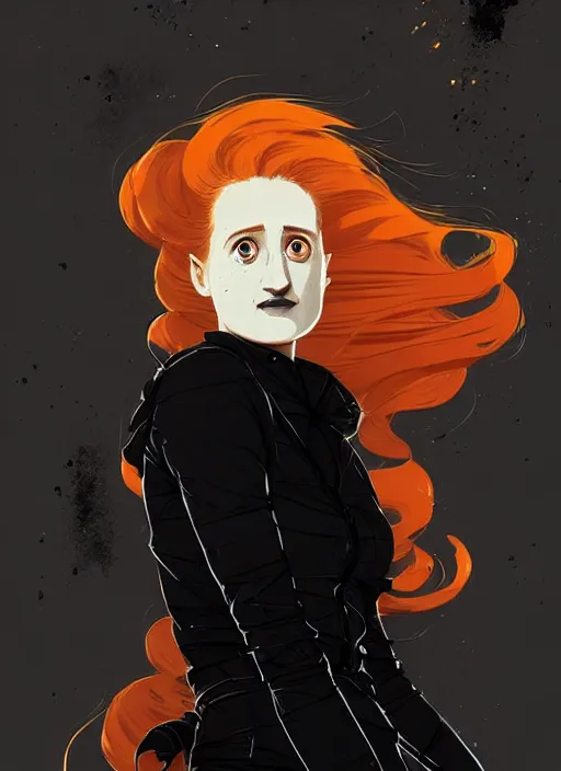 Image similar to highly detailed closeup portrait of beautiful grace gummer as dom dipierro, wavy ginger hair, black dress, by atey ghailan, by greg rutkowski, by greg tocchini, by james gilleard, by joe fenton, by kaethe butcher, gradient orange, black and white color scheme, grunge aesthetic!!! ( ( graffiti tag wall background ) )