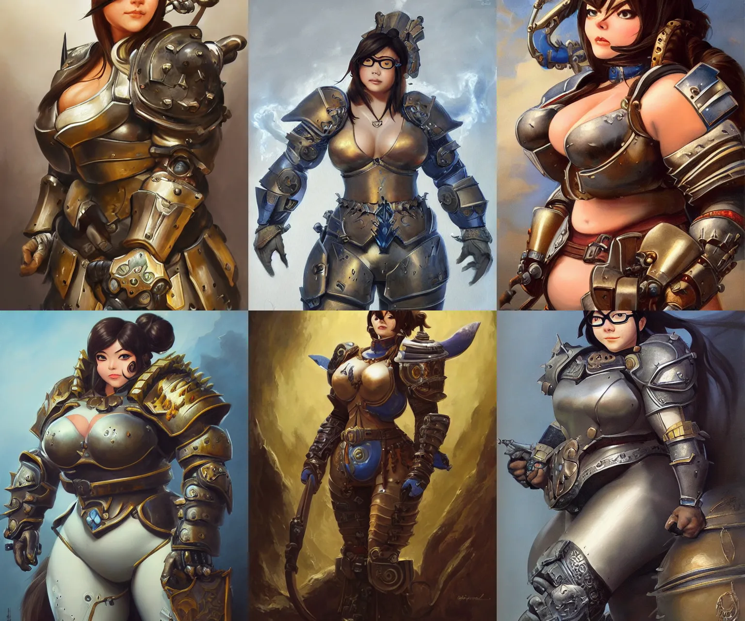 Prompt: detailed portrait of mei from overwatch as a robust heavily armored medieval warrior, intricate, hyper detailed, realistic, oil painting, by boris vallejo, frank frazetta, cinematic lighting, 80's pinup fantasy illustration, dark iron