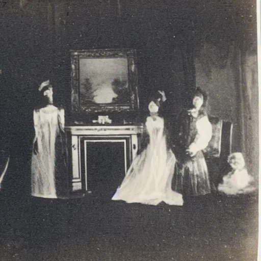 Prompt: vintage photograph of wealthy victorian mansion with family, ghost images and ectoplasm in the background, ghost hunting photograph