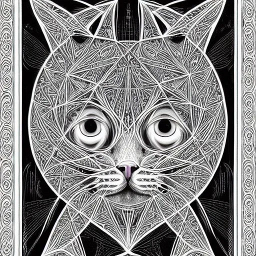 Image similar to a symmetrical portrait illustration of a cute cat hand drawn sketch on artstation 4 k intricate extremely detailed digital art by alex grey infinite wisdom sacred geometry