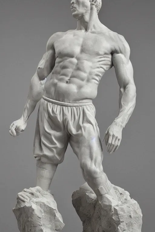 Prompt: marble sculpture of man in Adidas tracksuit, sportswear, intricate sculpture, chiseled muscles, godlike, museum photo