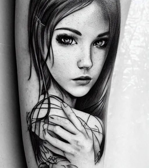 Image similar to a beautiful girl portrait, faded mountain background, realism tattoo, in the style of den yakovlev, black and white, hyper realistic, highly detailed