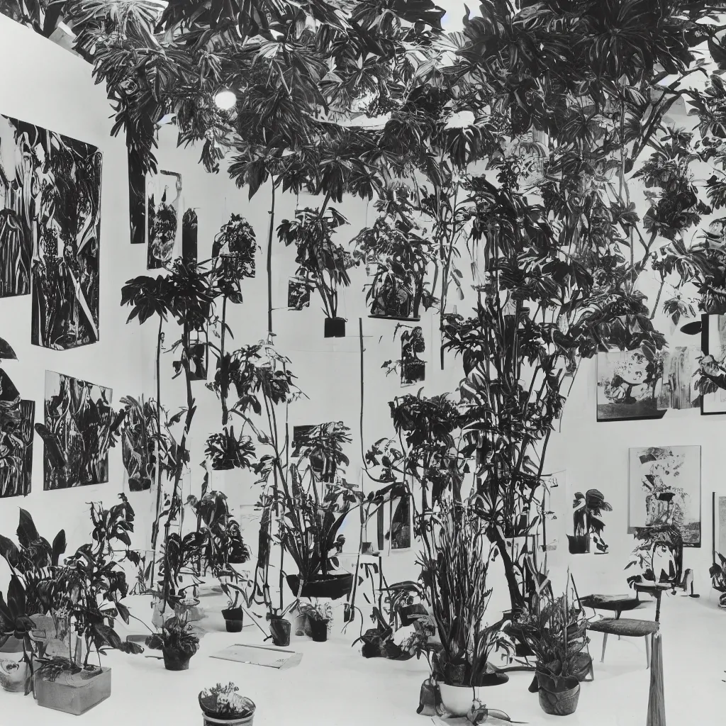 Image similar to A black and white photography of an exhibition space with works of Sun Ra, Marcel Duchamp and tropical plants, 60s, offset lithography print