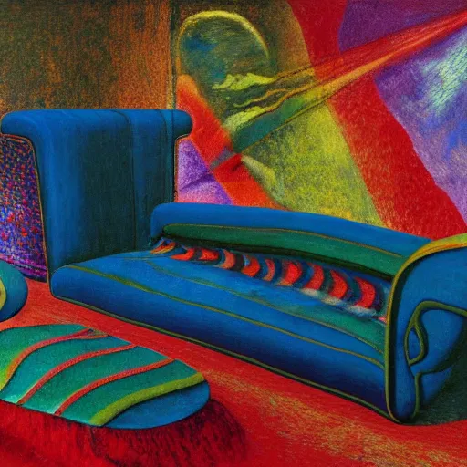 Image similar to psychedelic couch sofa costa blanca, designed by arnold bocklin, jules bastien - lepage, tarsila do amaral, wayne barlowe and gustave baumann, cheval michael, trending on artstation, mediterranean, star, sharp focus, colorful refracted sparkles and lines, soft light, 8 k 4 k