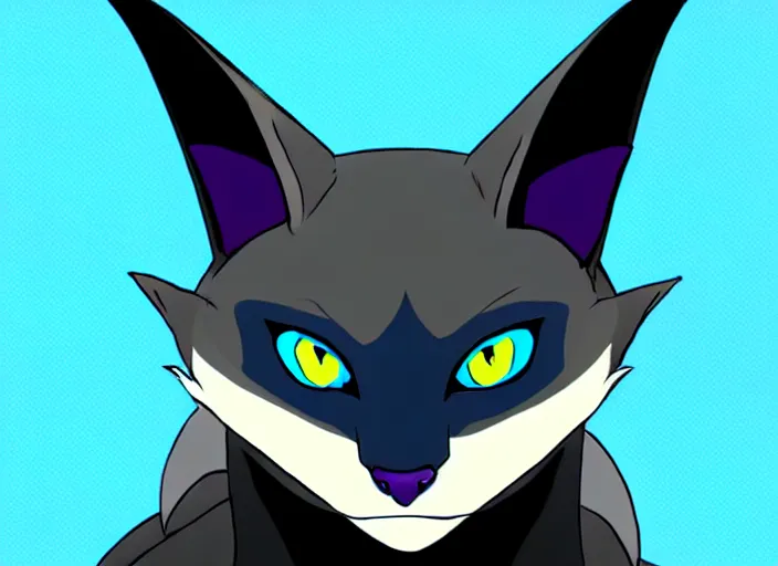 Image similar to a blue - and - black male catbat fursona with blue / green heterochromatic eyes ( differently - colored eyes, one eye green, one eye blue ) and huge bat ears, photo of the catbat streaming on his computer