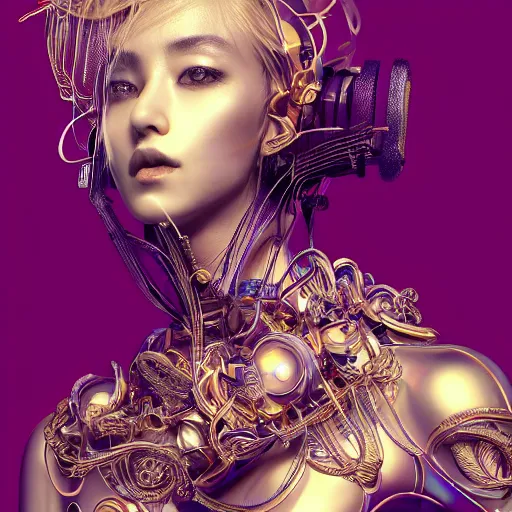 Image similar to the portrait of an absurdly beautiful, graceful, elegant, sophisticated, fashionable cyberpunk gravure idol, an ultrafine hyperdetailed illustration by kim jung gi, irakli nadar, hong june hyung, intricate linework, bright colors, porcelain skin, gold plated, unreal engine 5 highly rendered, iridescent, global illumination, radiant light, detailed and intricate environment