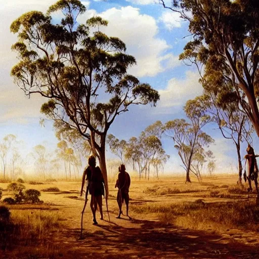 Prompt: Australian aborigines walking through the outback, a beautiful painting by ivan shishkin, matte painting