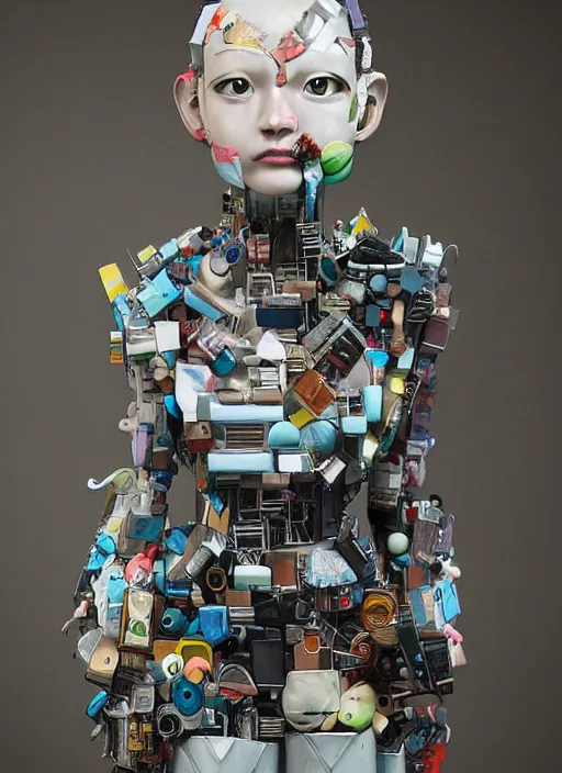 Image similar to professional art magazine photograph of a contemporary art sculpture of a modular quirky yorha android, by hikari shimoda, by jack gaughan