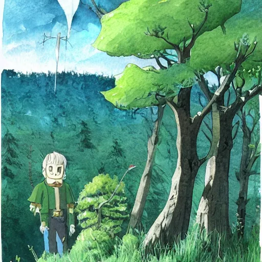 Image similar to laputa castle in the sky robot hayao miyazaki stands in a small clearing among trees, watercolor illustration for a book