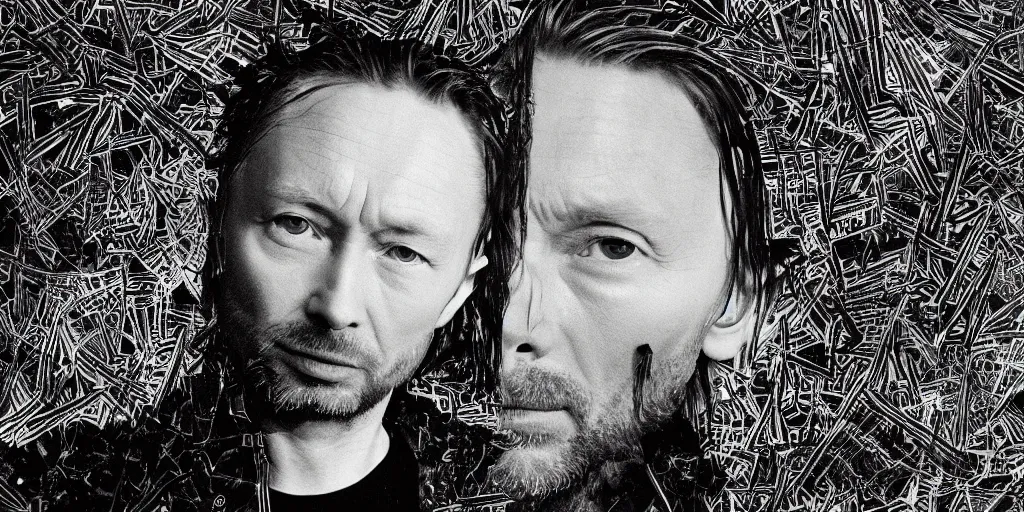 Image similar to photograph of print of thom yorke picture on a table, hyper realistic, variations of thom yorke, high quality photograph, mixed styles, intricate details, trees, diverse colors, deep emotional impact, very wide angle