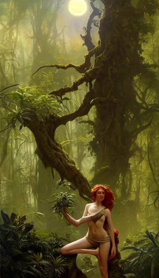 Image similar to hyper realistic alien, lush plants, full moon, light rays, gnarly trees by tom bagshaw, mucha, gaston bussiere, craig mullins, j. c. leyendecker 8 k