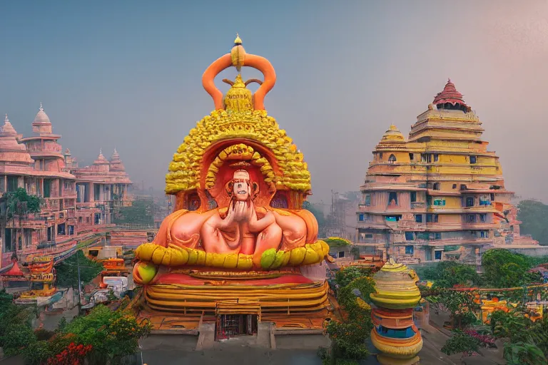 Image similar to high quality dreamscape! biomorphic new delhi, hanuman!! head building, kalighat, octane highly detailed, cinematic smooth, stephen shore & john j. park, soft morning light, wide shot, high angle, uhd 8 k, deep focus