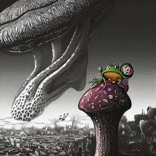 Prompt: A close up portrait of a dignified psychedelic godlike anthropomorphic frog smoking an anime blunt , magic mushroom village in background . award winning. superb resolution. in the art style of junji Ito and greg rutkowski . Detailed Mushroom city in background. Hyper realistic anime. Perfect art. Dalle2